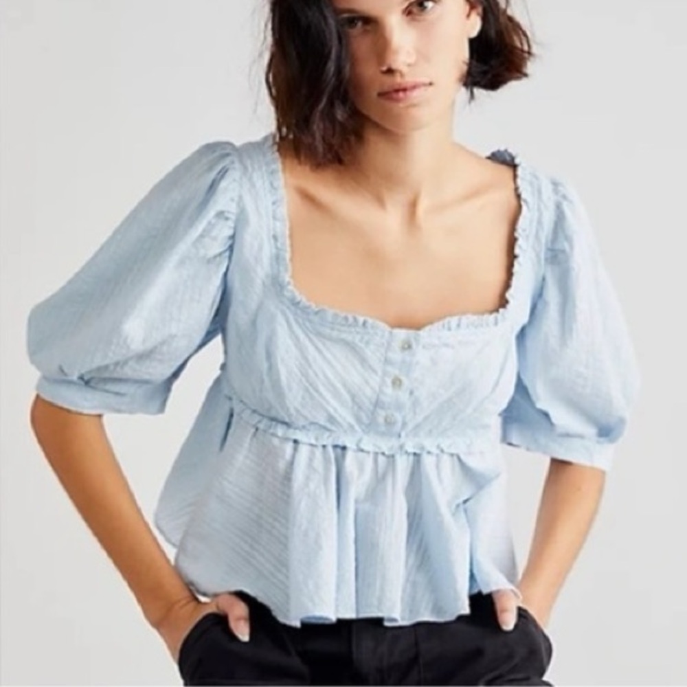 NWT Free People Light Blue Ruffle Babydoll Blouse New